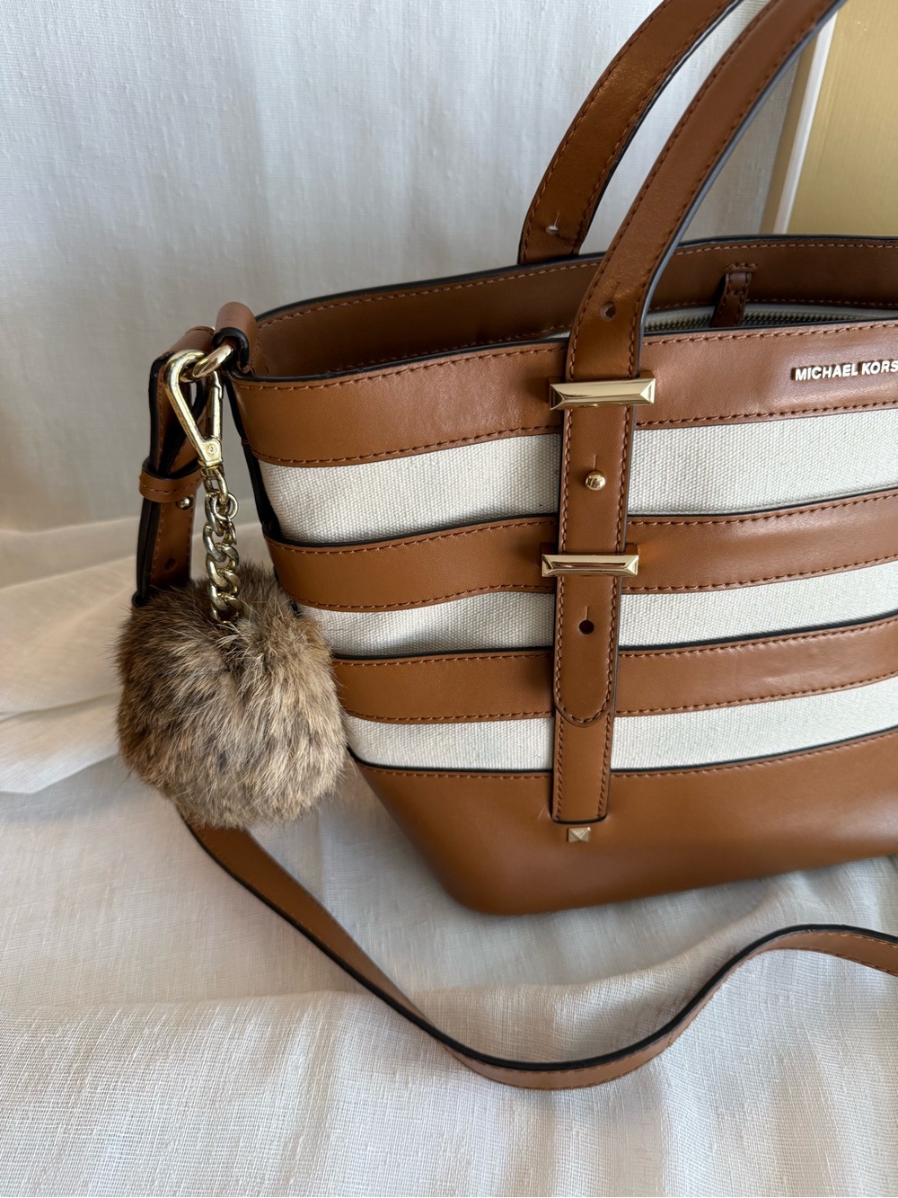 Michael Kors Brown and Cream Striped Leather Tote - Picture 3 of 4